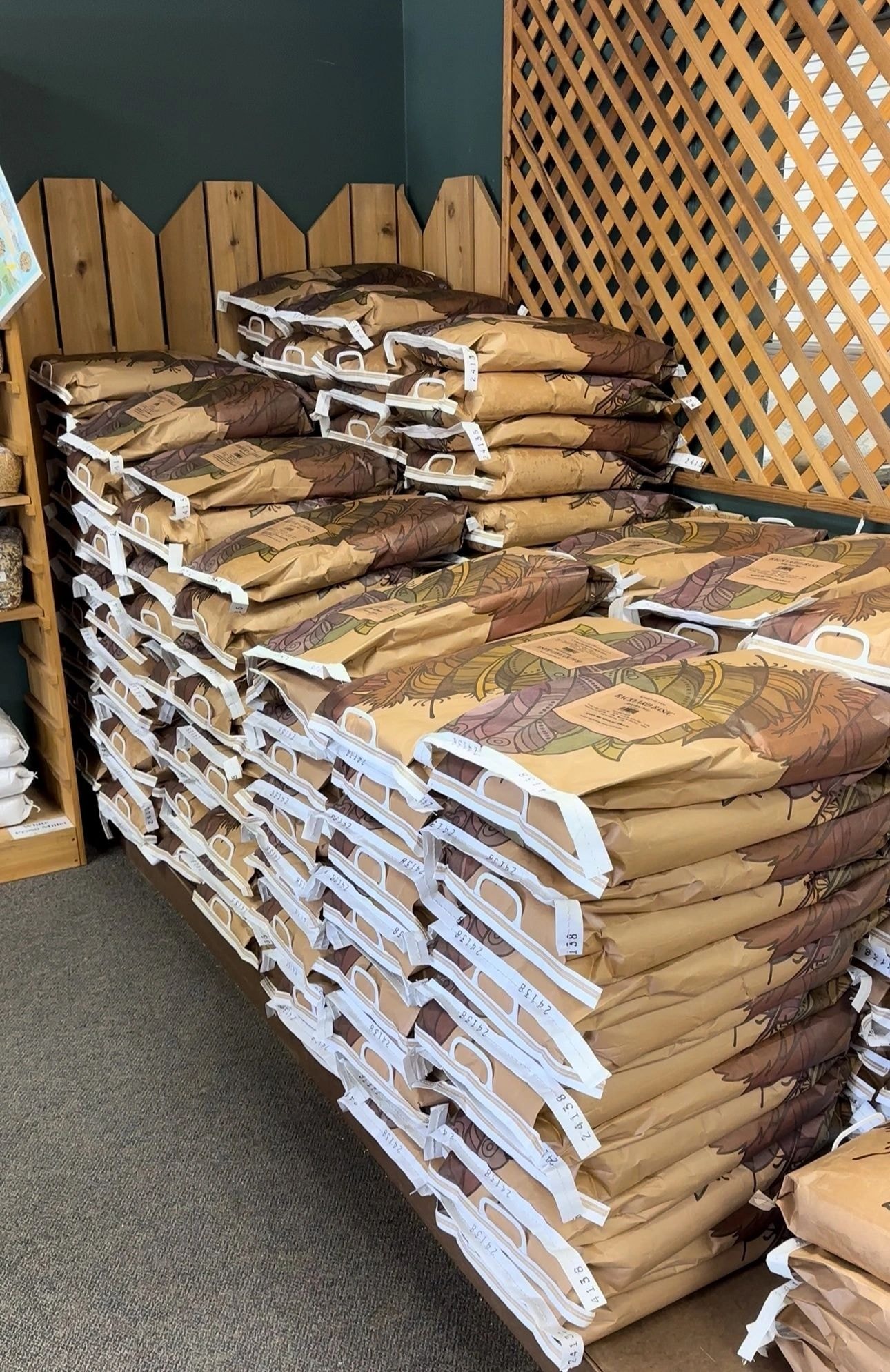 Bird seed bags display at California Backyard Birds